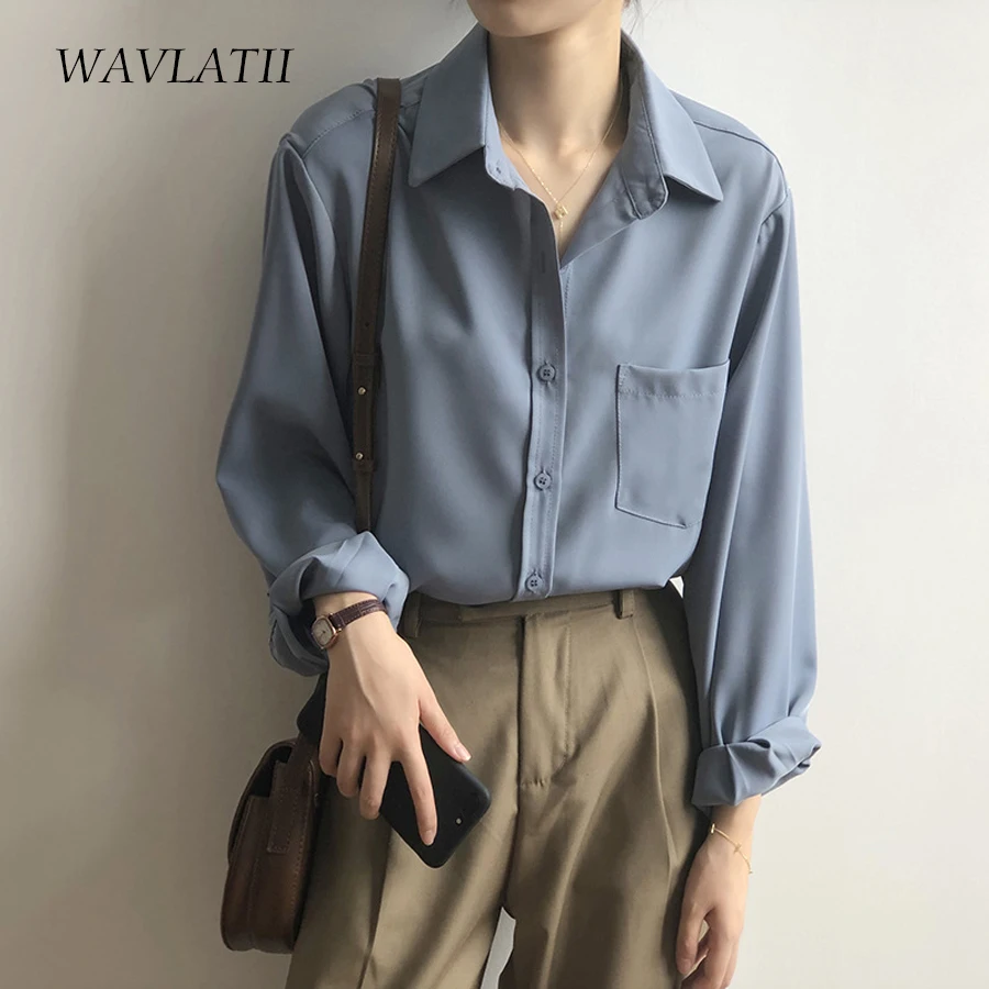 

WAVLATII 2021 New Women White Blue Shirts Lady Fashion Blouse Female Spring Autumn Tops WST2104