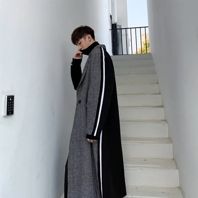Тренчкот мужской длинный шерстяной в клетку модная винтажная уличная одежда