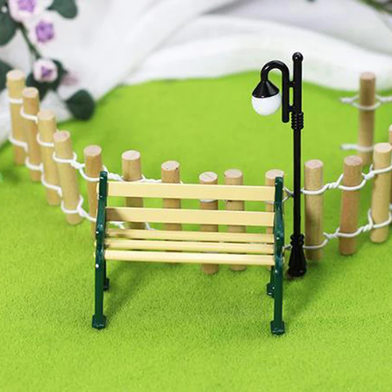 Wooden Park Bench & Street Lamp For 1/12 Dollhouse Garden Miniature Decor
