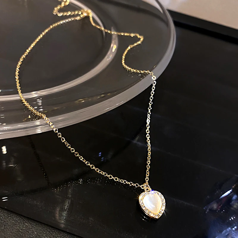 

New Fashion 14K Real Gold Heart Opal Chain Pendant Necklace for Women Temperament High Quality AAA Zircon Jewelry Ins Hot Gift