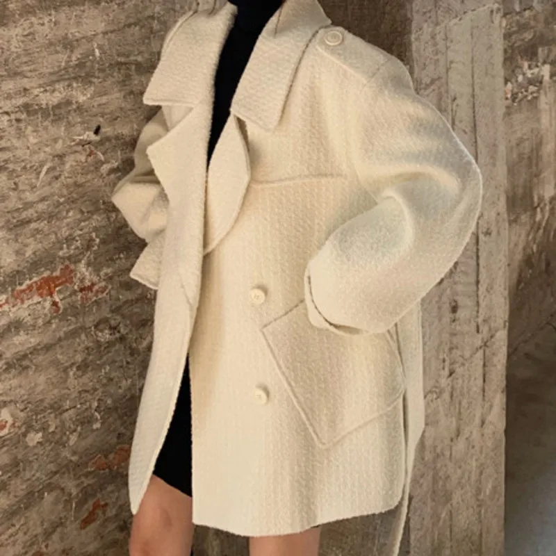 

Женское шерстяное пальто с длинным рукавом, свободное дизайнерское шерстяное пальто средней и длины со шнуровкой и воротником-костюмом, Ос...