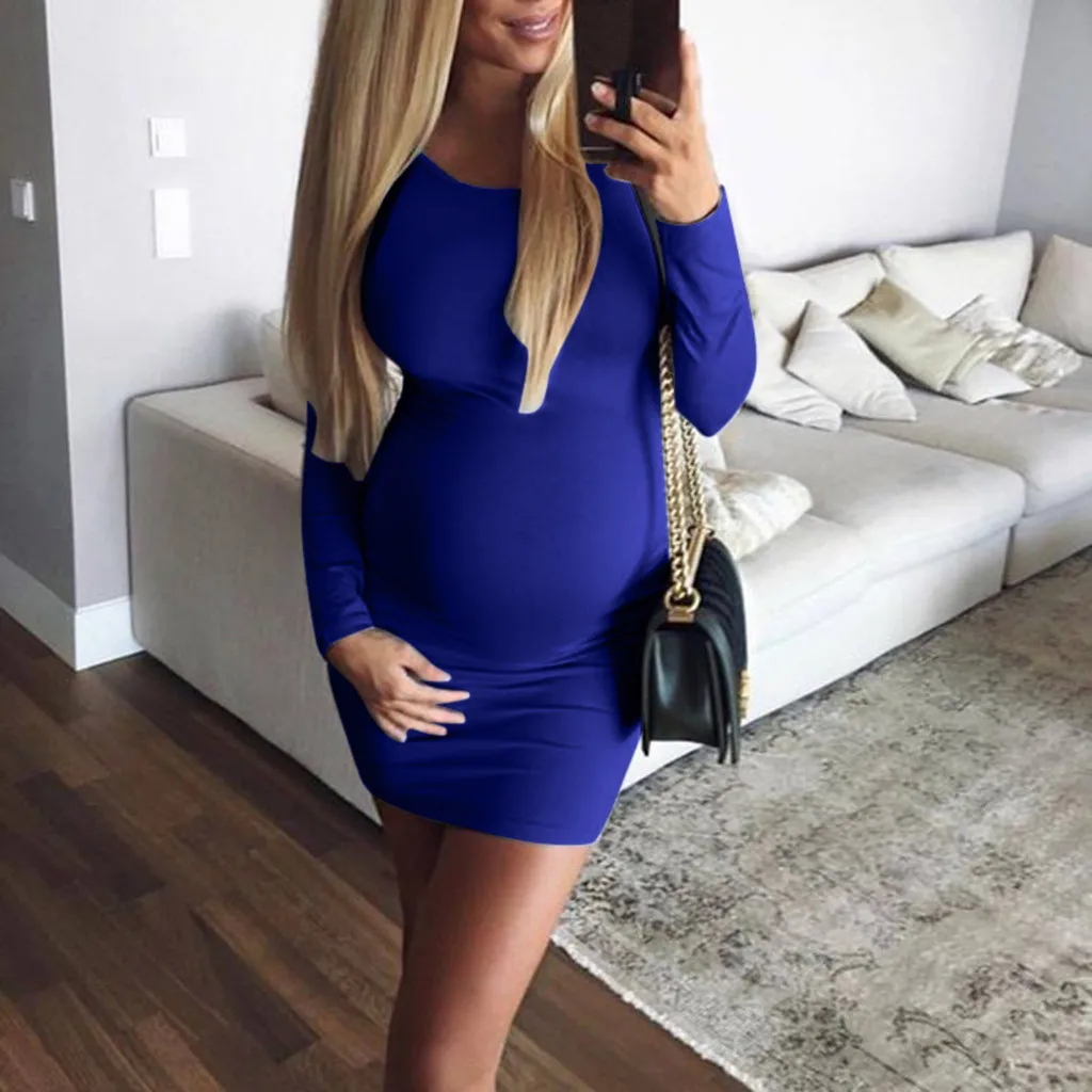 

Women Dress 2019 Women Pregnant Maternity O-Neck Long Sleeve Solid High Elastic Soft Mini Dress