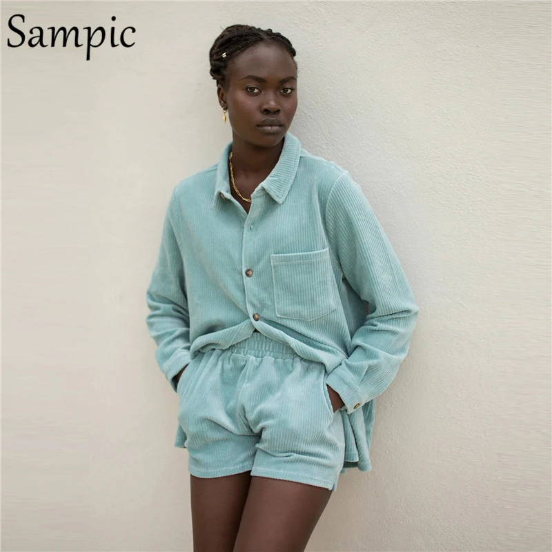 

Sampic Long Sleeve Corduroy Lounge Wear Women Tracksuit Shorts Set 2021 Casual Loose Shirt Tops And Mini Shorts Two Piece Set