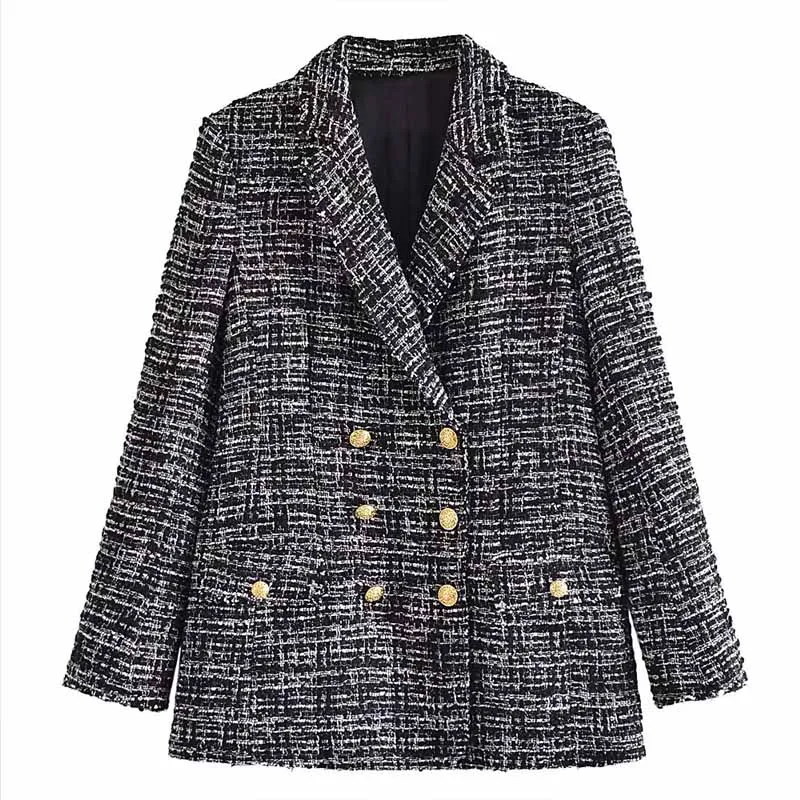 

Women Autumn Plaid Casual Blazers Coats 2021 Fashion Veins Double Breasted Loose Female Elegant OL Blazer Outerwear