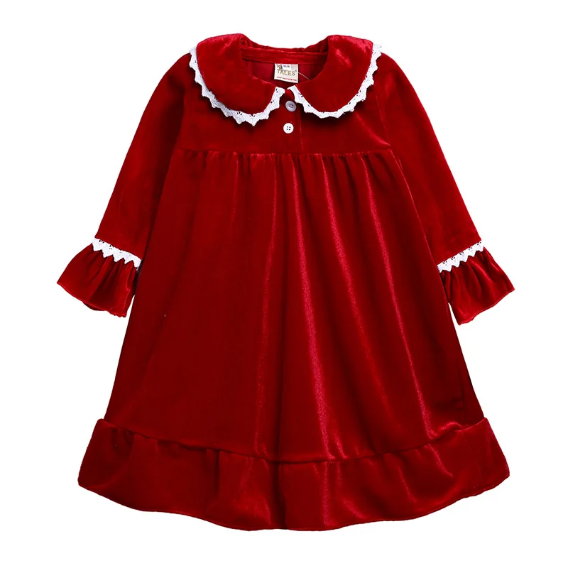 Christmas Dress 2022 Spring New Red Wine Gold Velvet Kids Casual Dress Baby Girl Long Sleeve Princess Dress For Girls Nightdress