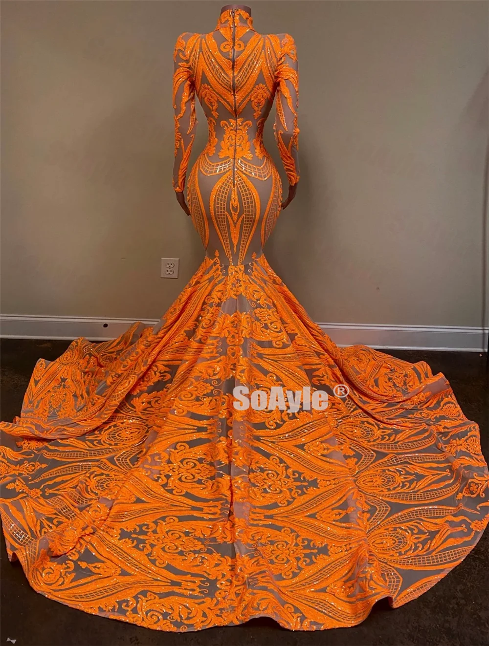 SoAyle Sexy Orange Sheer Neck 2020 Prom Dress long Sleeves Mermaid African Sequins Women's Prom Dresses