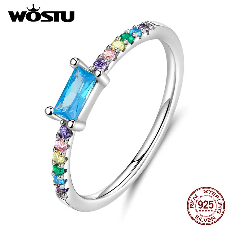 WOSTU Аутентичные 925 пробы Серебряные Красочные кольца для женщин уникальная Радуга с ReFNangle голубой циркон кольца ювелирные изделия FIR590