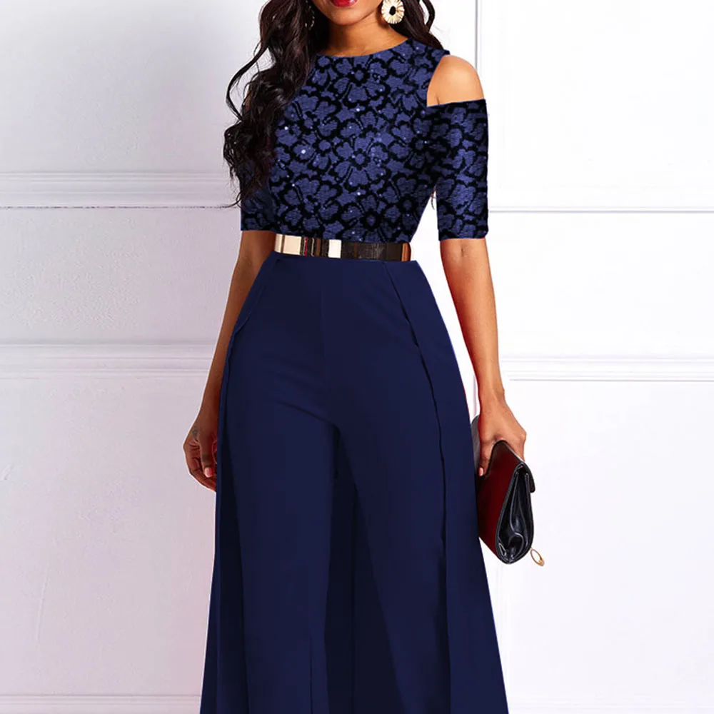 

Blue Long Jumpsuit Women Overalls Sexy Off Shoulder Office Ladies Party Long Tail Design Fashion Wide Leg Summer Jumpsuits 2021