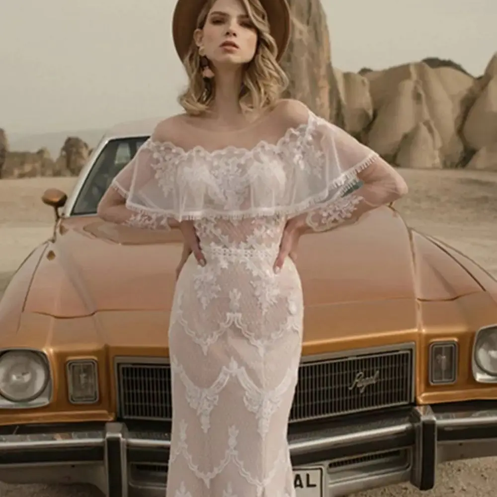 

New Arrival Pink Beach Mermaid Wedding Dress 2021 Lace Appliques Cap Sleeves Boat Neck Court Train Bride Gown For Women Elegant