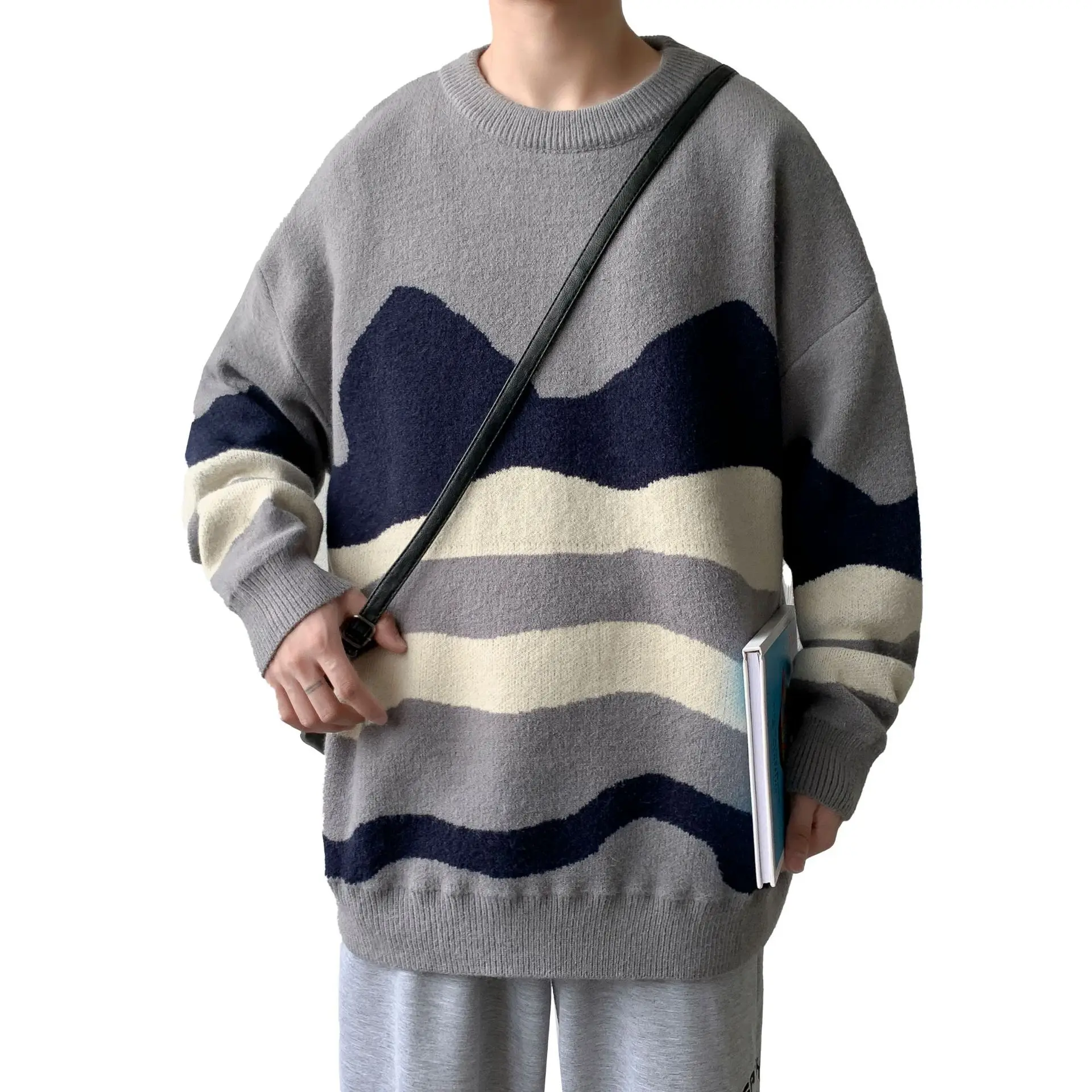 

Sweater Men Streetwear Retro Flame Pattern Hip Hop Autumn New Pull Over Spandex O-neck Oversize Couple Casual Men's Sweaters