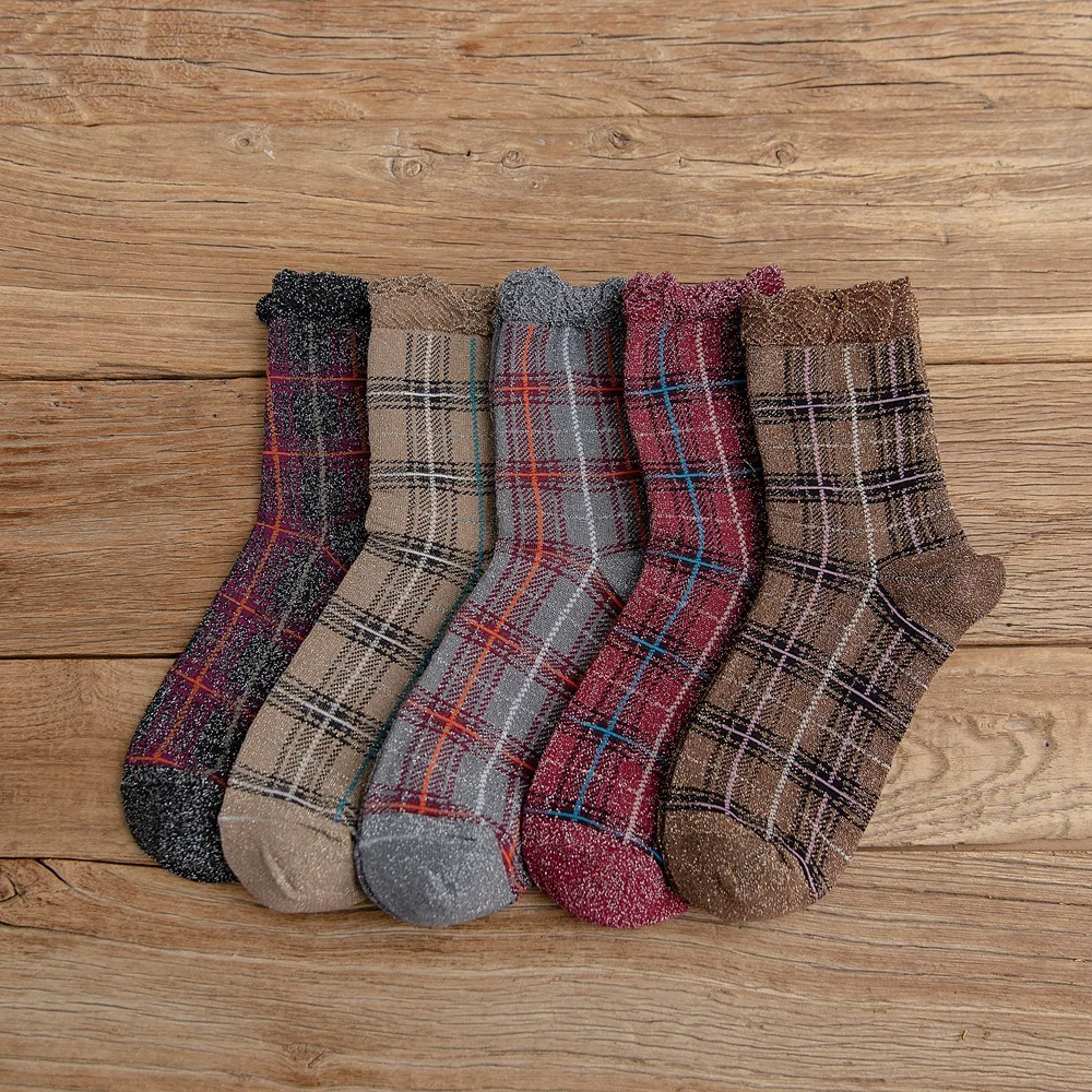 Модные хлопковые носки женские золотистые серебристые с кружевами в японском и