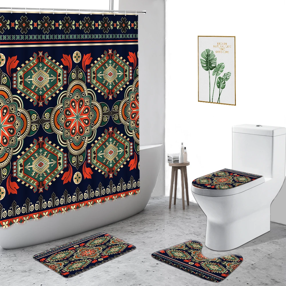 

Bohemian Theme Shower Curtains Ethnic Style Fabric Printing Bathroom Accessories Waterproof Bath Curtain Non-Slip Carpet Mat Rug