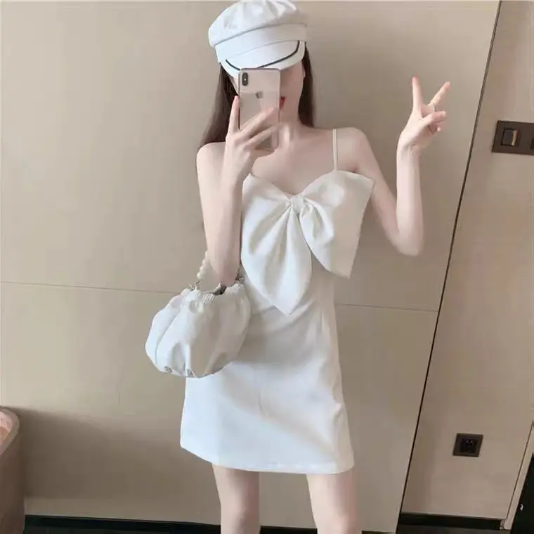 

Dress female 2021 summer temperament versatile slim sweet bowknot suspender skirt dress