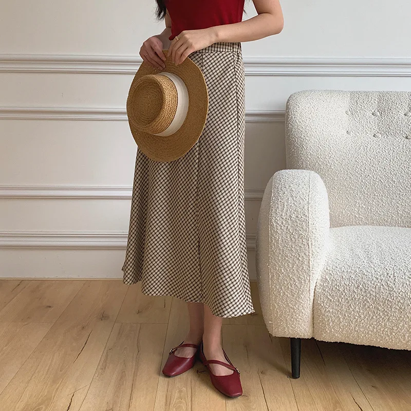 

Korean Fashion Printed Skirt Elegant Women Plaid SkirtOffice Wear High Waist Slit Mid Length Half Dresses Female Vintage Clothes