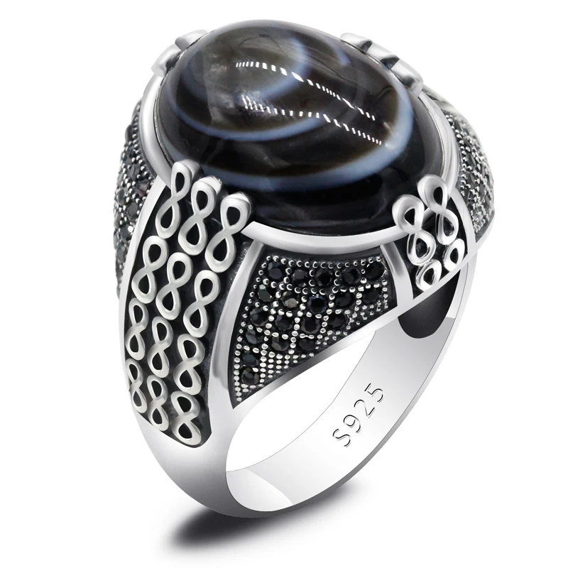 

925 Sterling Silver Men's Ring Natural Eye Agate Stone Ring Retro Classic Turkish Punk Style Jewelry Ring Silver With Stone