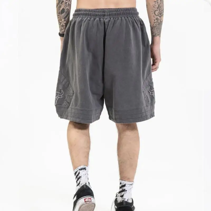 

Summer New Men's Retro Washed Bull Head Embroidery Casual Basketball Sweatpants Suit Loose Oversize High Quality Hip-hop