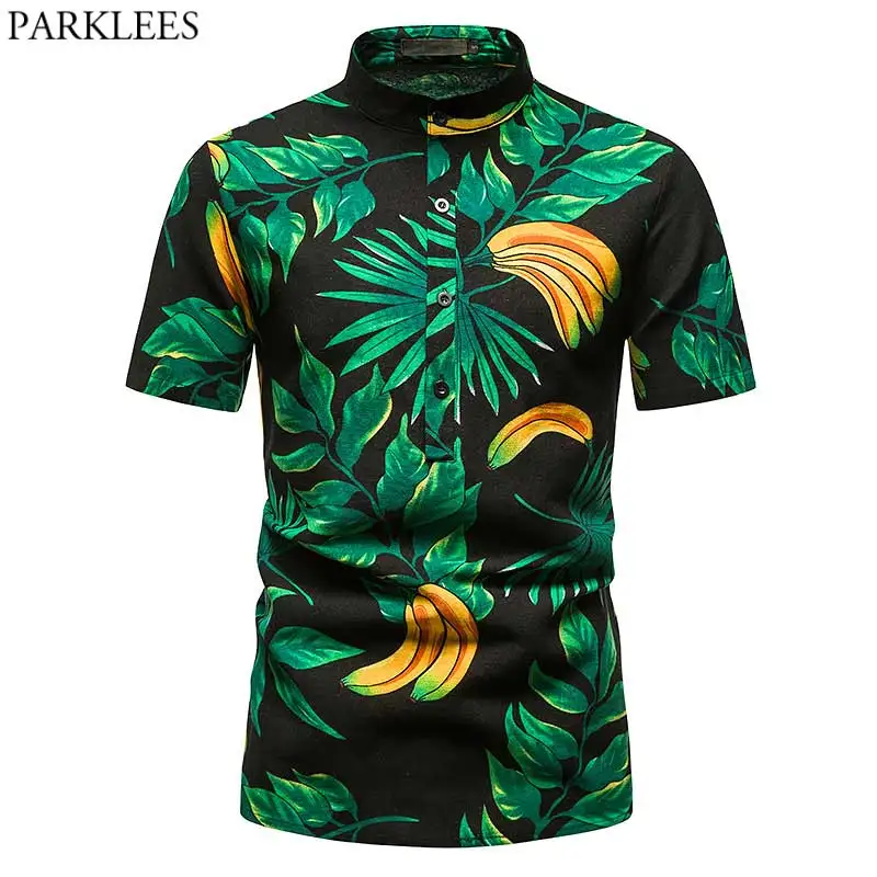 

2021 New Summer Hawaiian Shirt Men Fashion Banana Print Baggy Cotton Linen Shirts Mens Casual Short Sleeve Beach Chemise Homme
