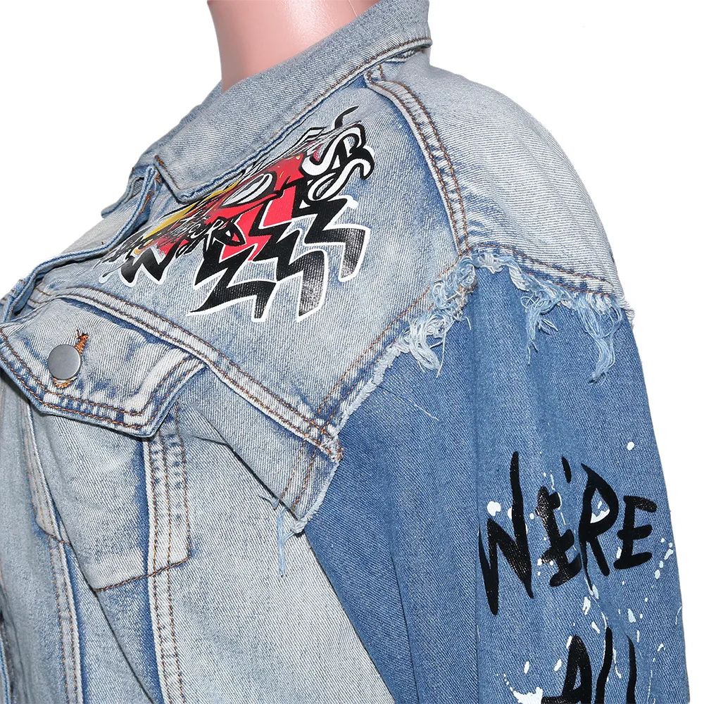 Джинсовая куртка в стиле Харадзюку Повседневная Уличная одежда из денима с