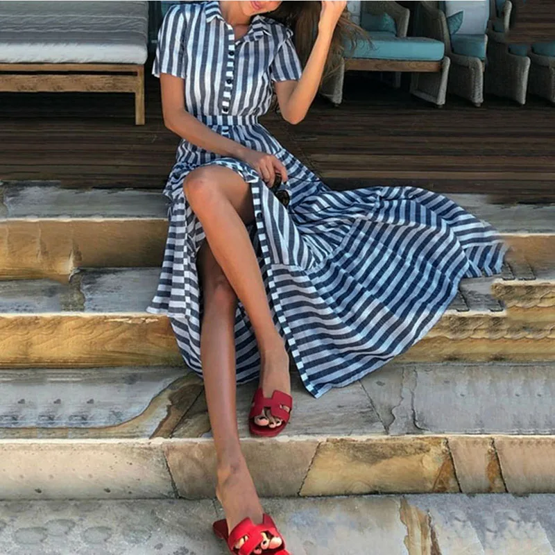 Женская летняя Новинка 2019 модное сексуальное платье в полоску с разрезом и