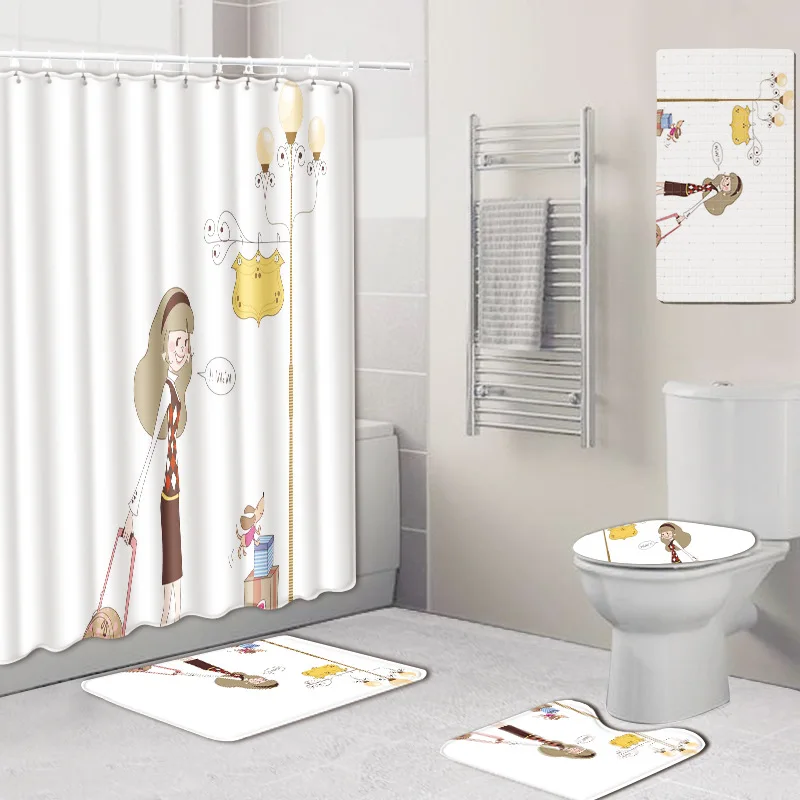 

5pcs Bathroom Set Literary Hand Painting Shower Curtain Waterproof+Bath Rugs Set Non Slip+Shower Mat Suction+Toilet Seat Cover