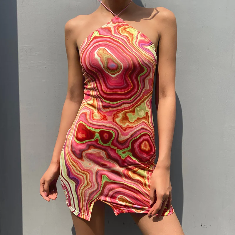 

2021 woman Summer sundress Women's Fashion New Swirl Print Halter Sling Dress