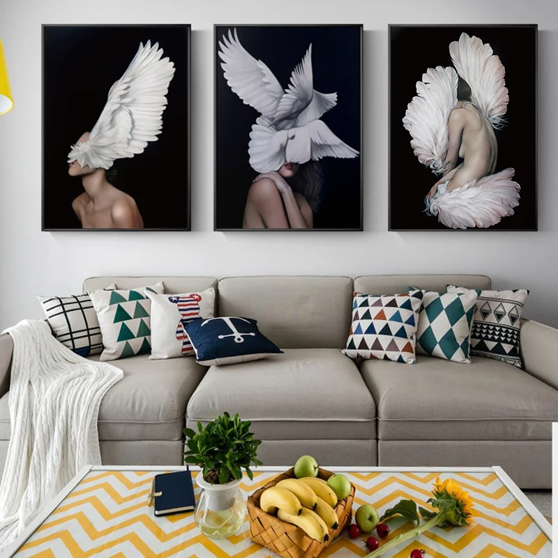 Черно белое абстрактное перо женская модная настенная живопись на холсте