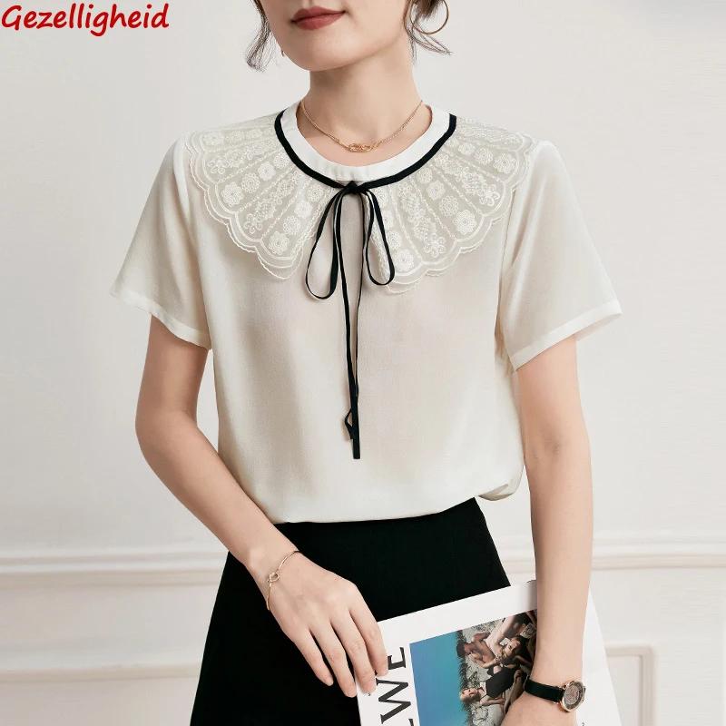 

Gezelligheid Silk Top For Women 2021 Summer New Fashion Elegant Casual Embroidered Luxury Slim Bow 100% Natural Silk Shirts Tops