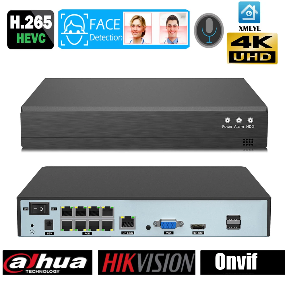 Сетевой видеорегистратор H.265 8 каналов * 4K onvif POE поддержка 48 В ip камера dahua hikvision 4 МП