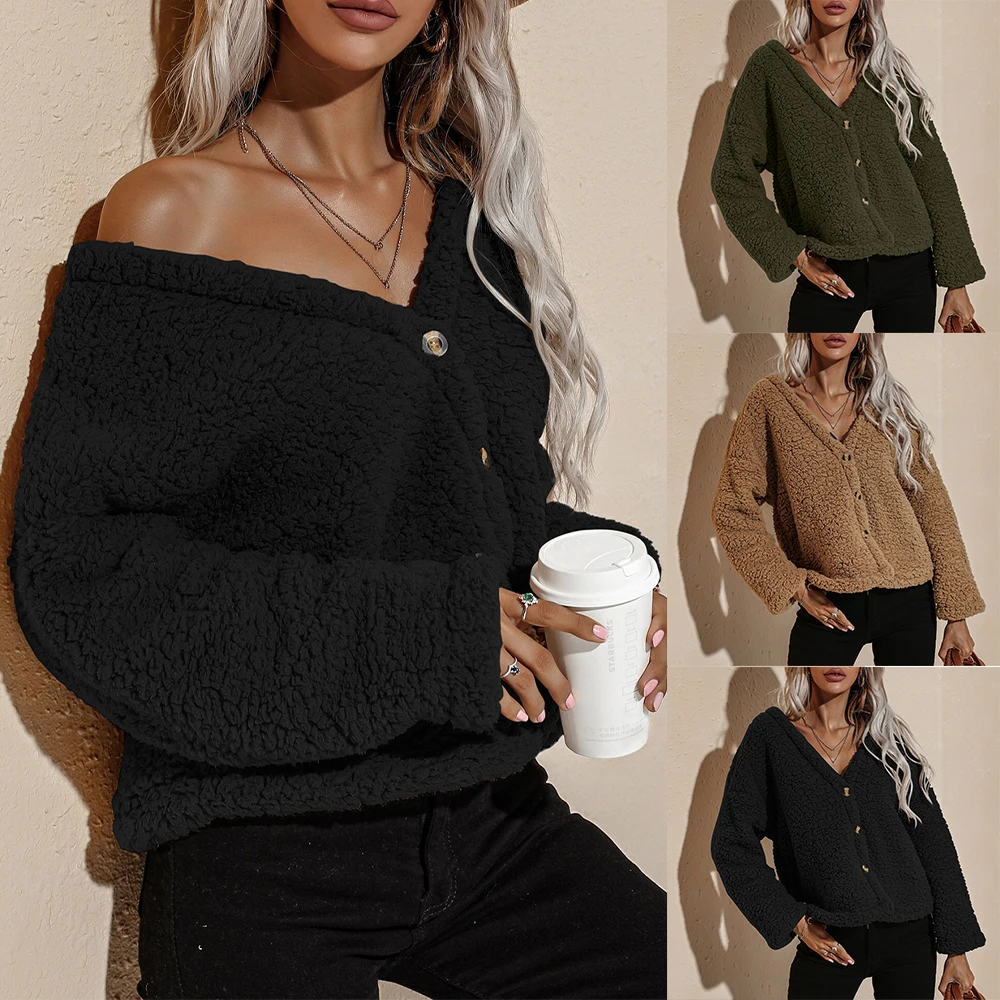

Женский джемпер, вязаный пуловер, теплый свитер для женщин на пуговицах, с глубоким V-образным вырезом, повседневный Однотонный свитер, вяза...