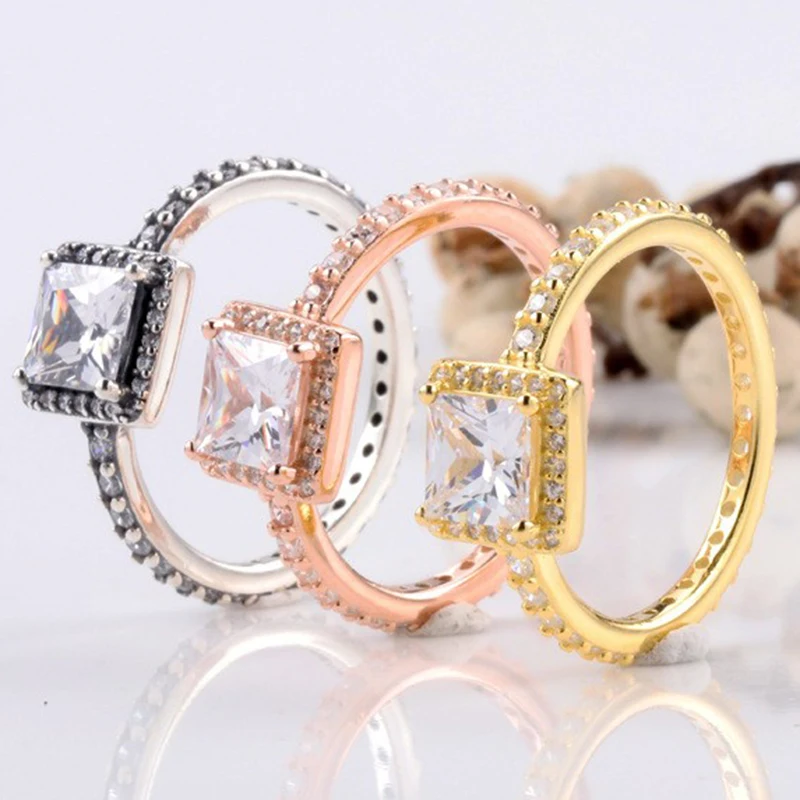 

925 Sterling Silver Pan Ring Creative Personalized Square With Crystal Cz Ring For Women Wedding Party Fashion Jewelry
