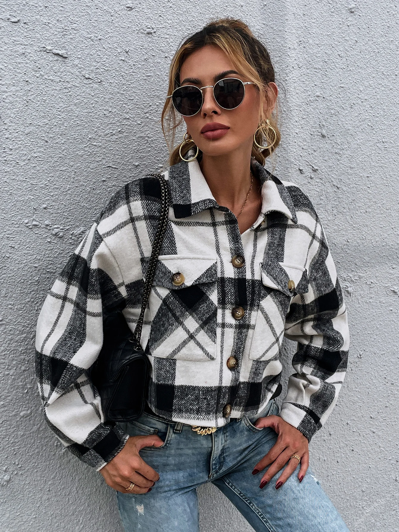 

Ladies Short Coat Girls Leisure Style Temperament Lapel Plaid High Waist Long Sleeve Slim Single-breasted Outwear Autumn Winter