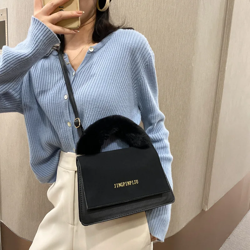 Plush Handle Winter Trend Women Handbag Frosting Pu Fashion Shoulder Bag for Ladies Shopping Phone Letter Crossbody Bag