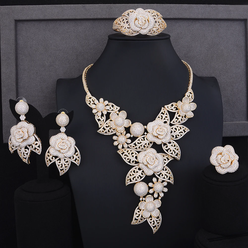 

Blachette Trendy Bridal Wedding 4PCS Christmas Jewelry Flower Shape Big Collar Necklace Earrings Bracelet Ring Sets High Quality