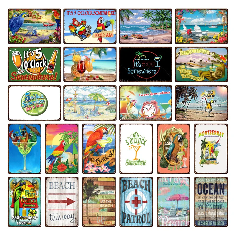 

5 O'clock Beer Tin Painting Retro Tin Sign Decorative Wall Panel Seaside Bar Man Cave Living Room Home Door Decoration Painting