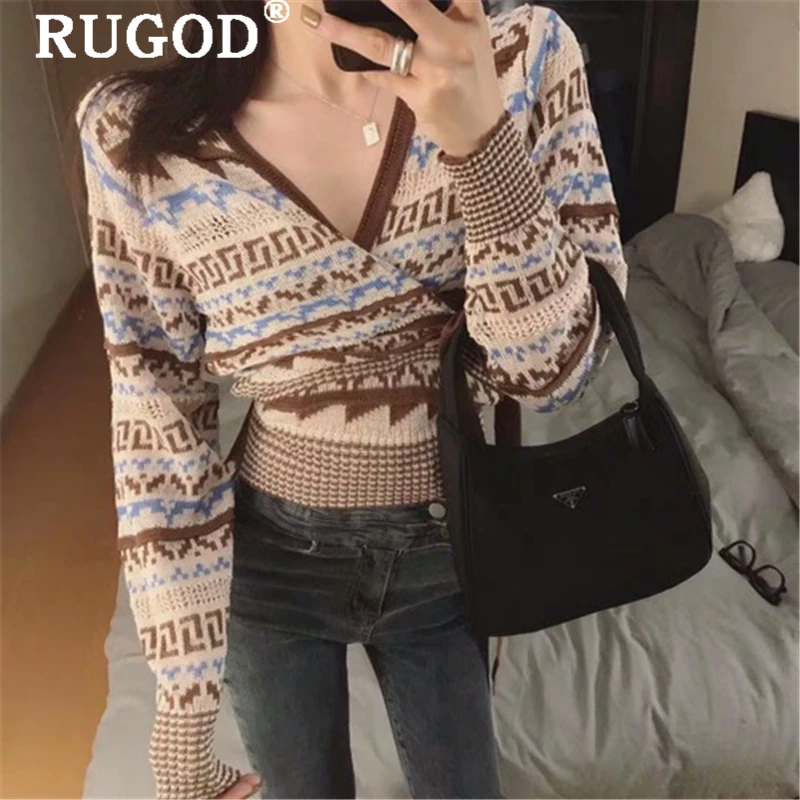 RUGOD Vintage embroidery knitted sweater women Fashion auturm sexy v neck lace up cardigan sweaters female sueter mujer invierno |