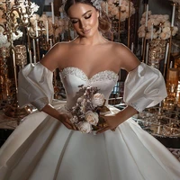 glamous satin wedding dress sheer neckline beading muslim sequins bridal gowns custom made plus size vestido de novia