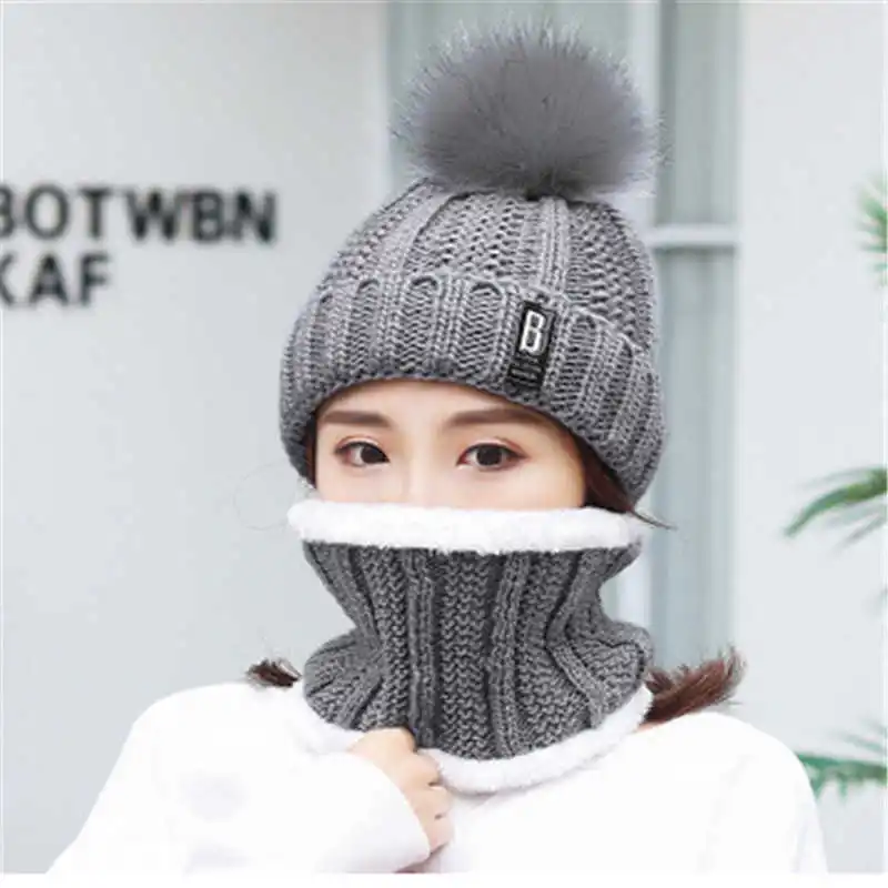 

Pompoms Beanie Neck 2pcs Sets Women Hat Cable Winter Scarf Thick Knitted Caps Knit two - piece cap