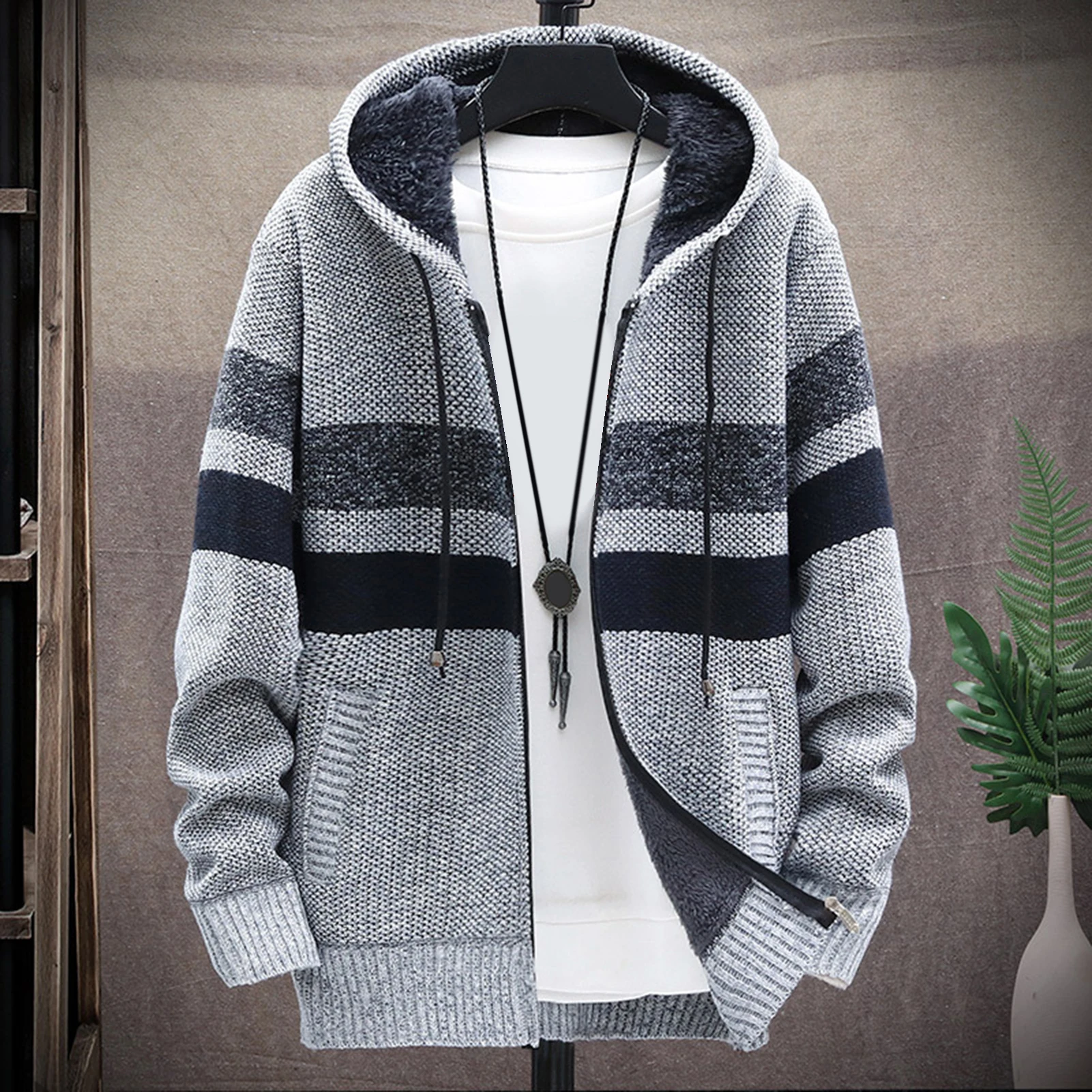 Мужская осенне-зимняя Толстовка с длинным рукавом вязаный кардиган капюшоном