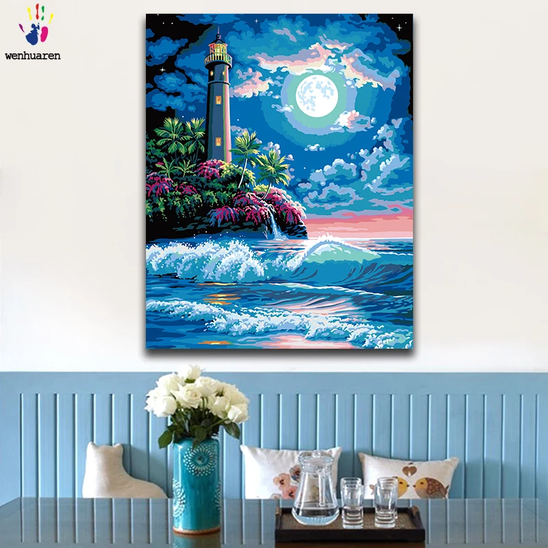 DIY картинки для раскраски по номерам с цветами Морской Маяк Пейзаж улица бордовый