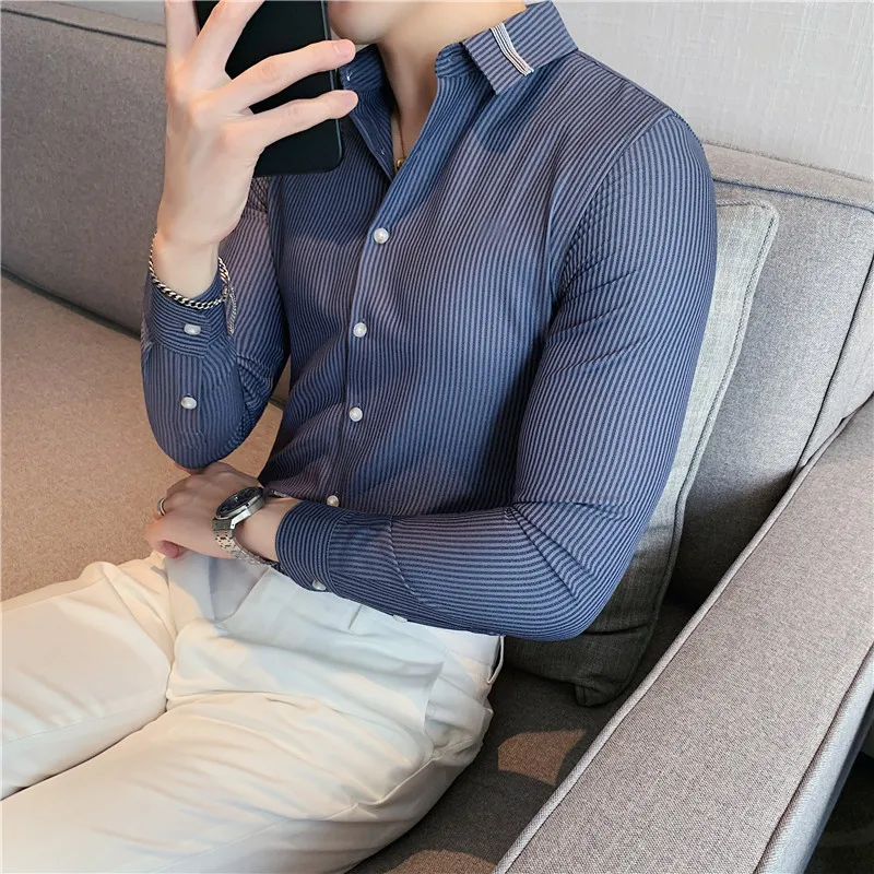 Plus Size 4XL-M Autumn New Ribbon Decor Collar Long Sleeve Striped Shirt Men Clothing 2021 Simple Slim Fit Business Formal Wear