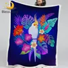 BlessLiving Parrot Bird Furry Blanket Tropical Jungle Plant Bed Blanket Leaf Floral Throw Blanket Purple Bedding couverture 1