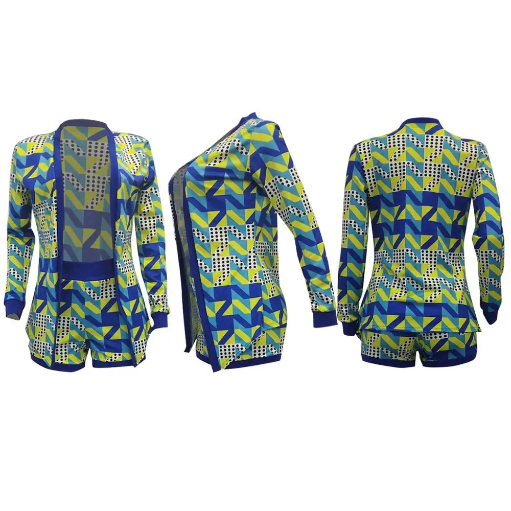 

Color Block Women Sets Casual Long Sleeve Cardigan Top Coat With Shorts Two Piece Set Sexy O Neck Geometric Print Women Outfit