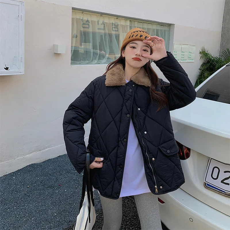 Winter Coat Women Jacket Parkas Lapel Single-breasted Harajuku Clothes Loose Women's Jacket  Warm Thick  Fur Collar Coat Parkas