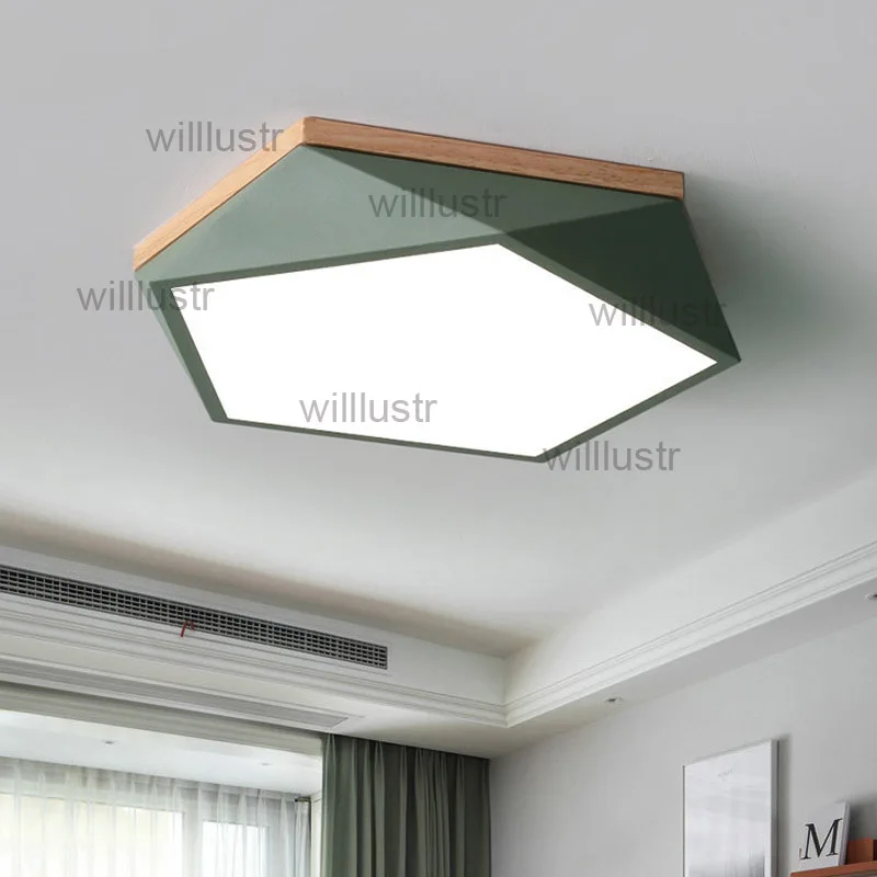 

Modern Geometry Ceiling Lamp Wood Iron Diamond Bedroom Restaurant Hotel Dinning Room Green Gray White Black Macaron Color Light