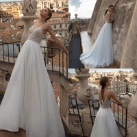 charming backless tulle bridal dresses sexy v neck spagehetti straps applique a line wedding dress with sequins vestido de noiva