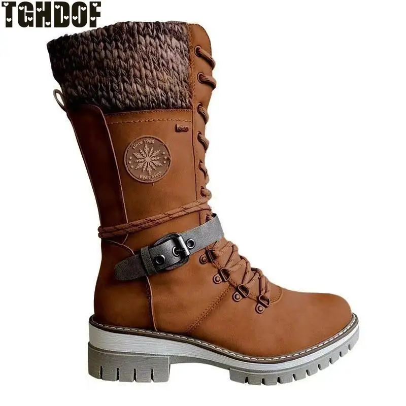 Women's Boots 2021 Winter New Fashion Woven Women's Boots In Tube Belt Buckle Decorative Side Zipper Rubber Sole Women's Shoes