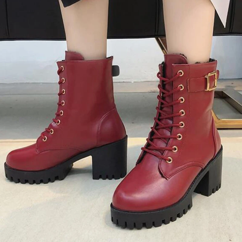 Модные женские ботинки Сезон весна-осень Кожаные короткие ботиночки на высоком