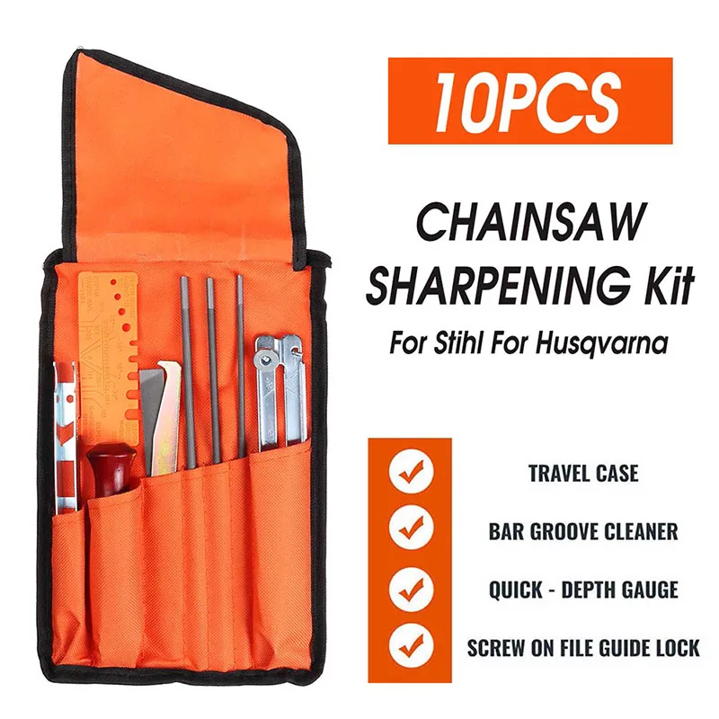 10pcs/Set Hardwood Handle Round/Flat File Guide Bar File Sharpener Tools Professional Chainsaw Chain Sharpening Kit Tool Set