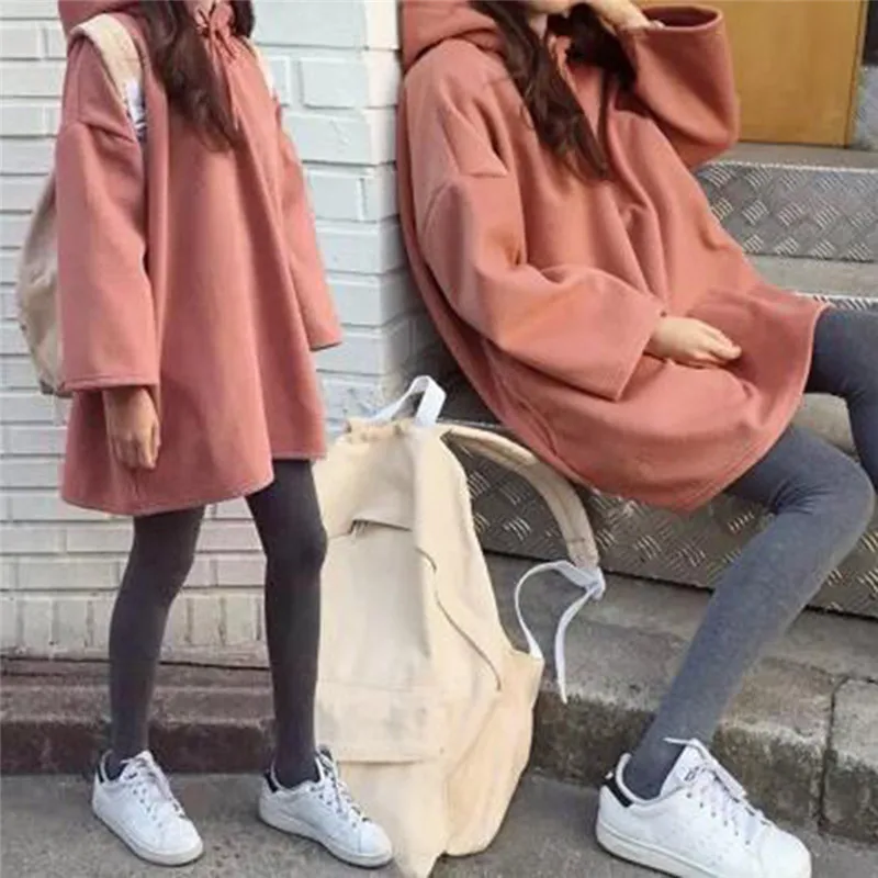 

Fashion New Women Harajuku Style Loose Hoodies Females Long Solid Color Hooded Tops Womens Bf Korean Female Pullover Students