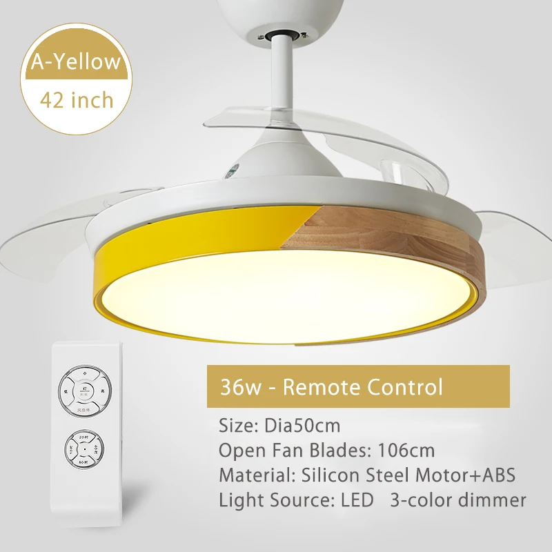 A-Yellow Светодиодный потолочный вентилятор для гостиной, столовой, спальни, 110 В, 220 В, Складной вентилятор, светильник, потолочные вентиляторы, светильник с пультом дистанционного управления - Цвет лезвия: A-Yellow